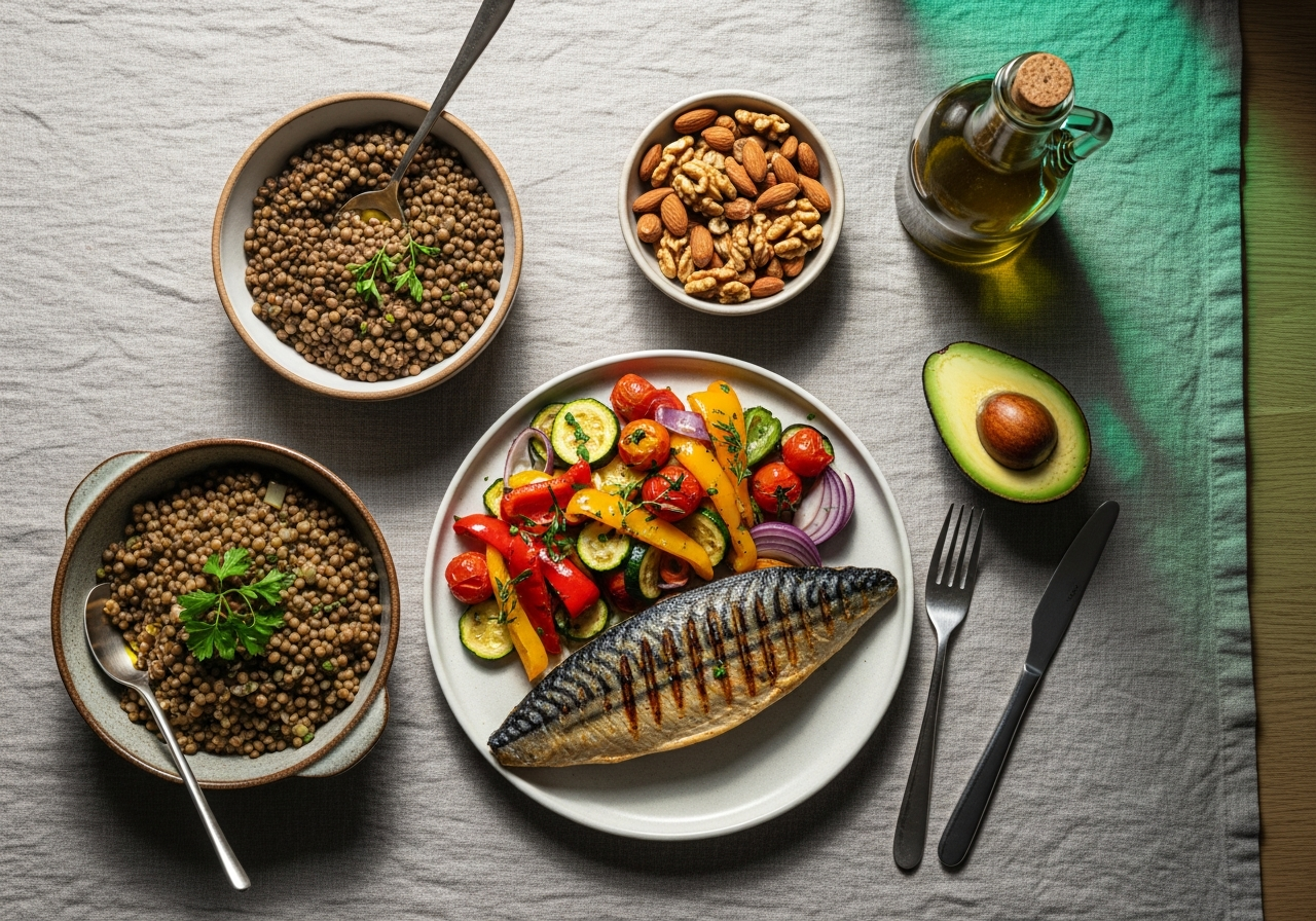 Table composée d'un repas méditerranéen — poisson grillé, légumes, huile d'olive, noix et avocat