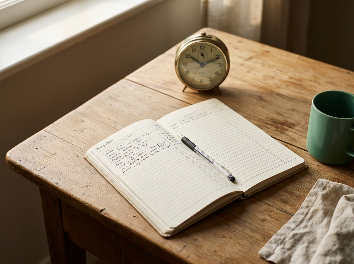 Vue plongeante d'un carnet d'agenda de sommeil ouvert avec colonnes manuscrites pour heure de coucher et de lever, un stylo et un réveil rétro à côté, lumière naturelle douce
