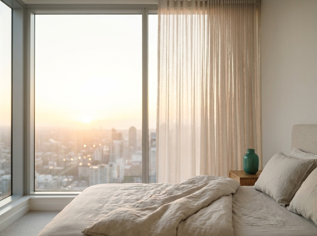Vue à travers une grande fenêtre d'un lever de soleil sur une ville endormie, lumière naturelle dorée filtrant à l'intérieur d'une chambre minimaliste, rideaux légers