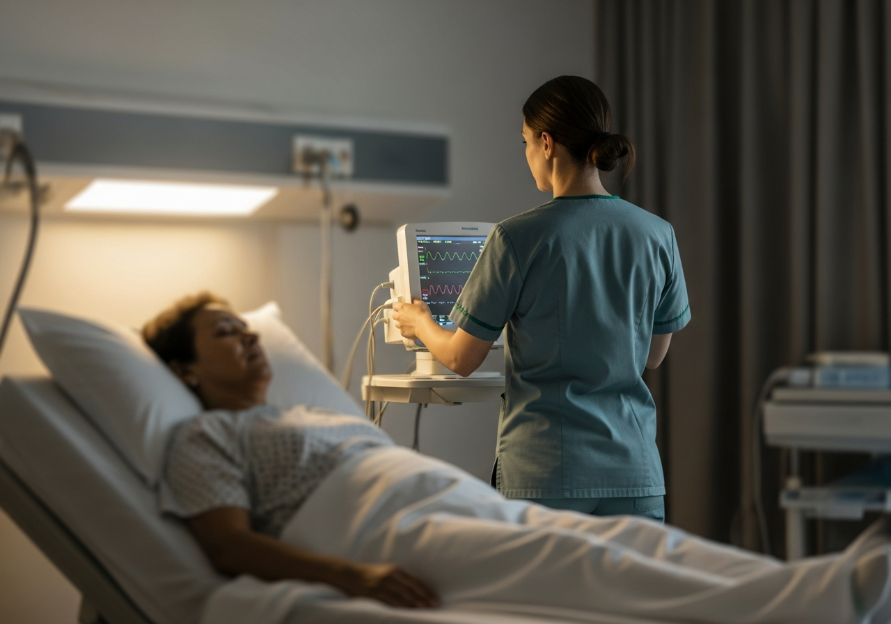 Patient en salle de surveillance post-interventionnelle après coloscopie, infirmière surveillant les paramètres vitaux