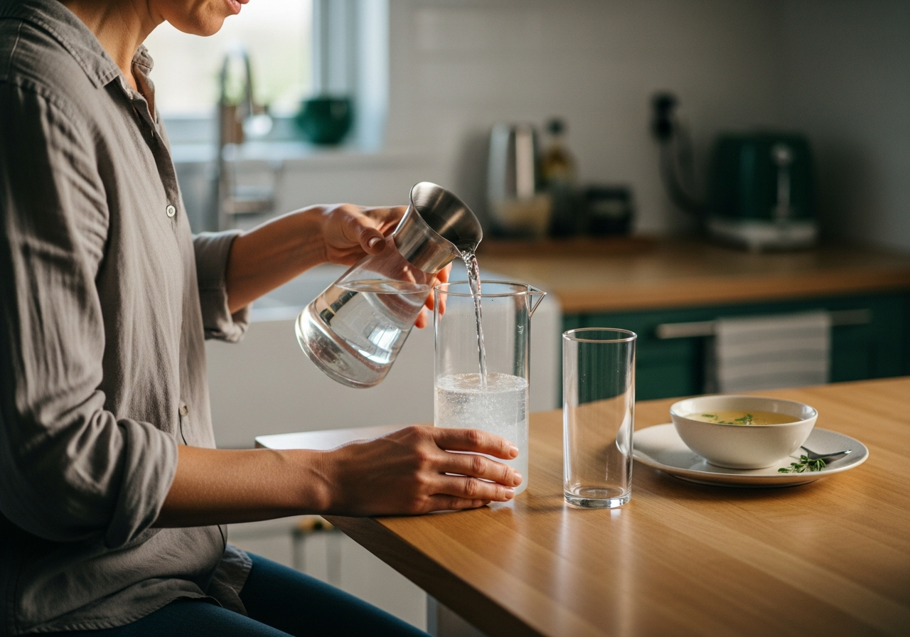 Adulte à la maison préparant sa solution de PEG en la diluant dans un pichet d'eau, la veille d'une coloscopie