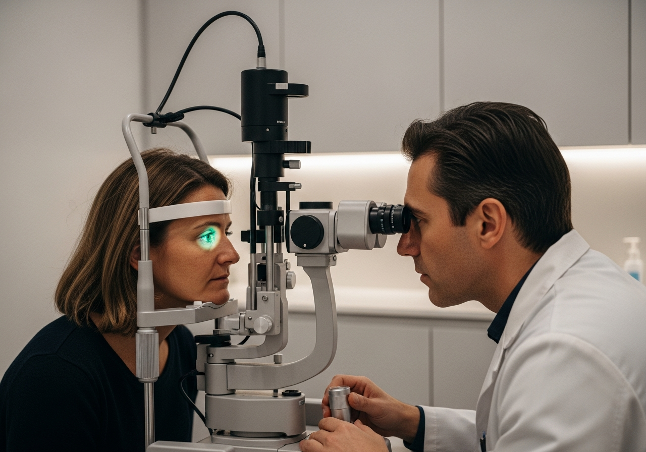 Ophtalmologiste réalisant un fond d'œil à une patiente diabétique à l'aide d'une lampe à fente moderne