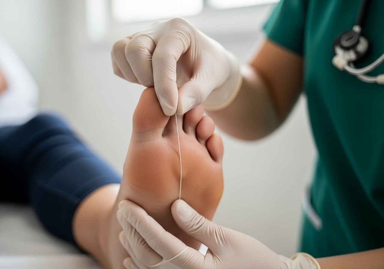 Main de soignant testant la sensibilité du pied d'un patient diabétique avec un monofilament de 10 g