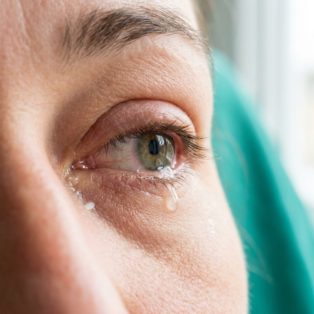 Vue clinique macro d'un œil adulte avec œdème palpébral, hyperhémie conjonctivale rosée et larmoiement abondant clair, évocateur d'une conjonctivite allergique