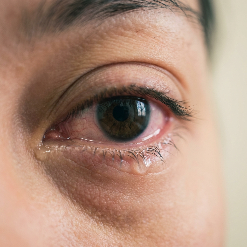 Vue clinique macro d'un œil adulte avec hyperhémie conjonctivale diffuse et larmoiement clair, évocateur d'une conjonctivite virale, prise depuis le dessous sans dévoiler le reste du visage