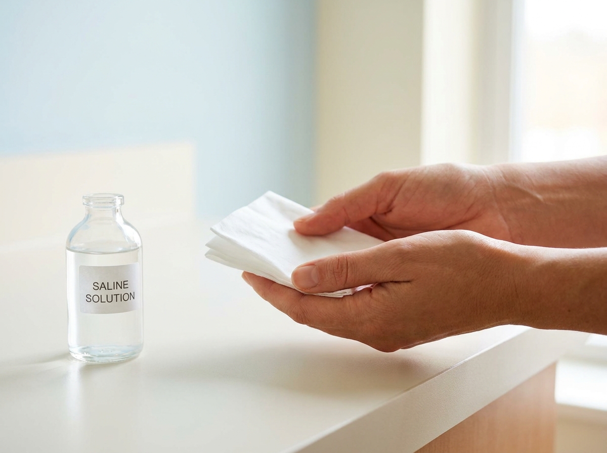 Vue rapprochée des mains d'un adulte tenant un mouchoir blanc plié près d'un flacon de sérum physiologique posé sur un plan de travail clair, aucun visage visible, lumière naturelle douce