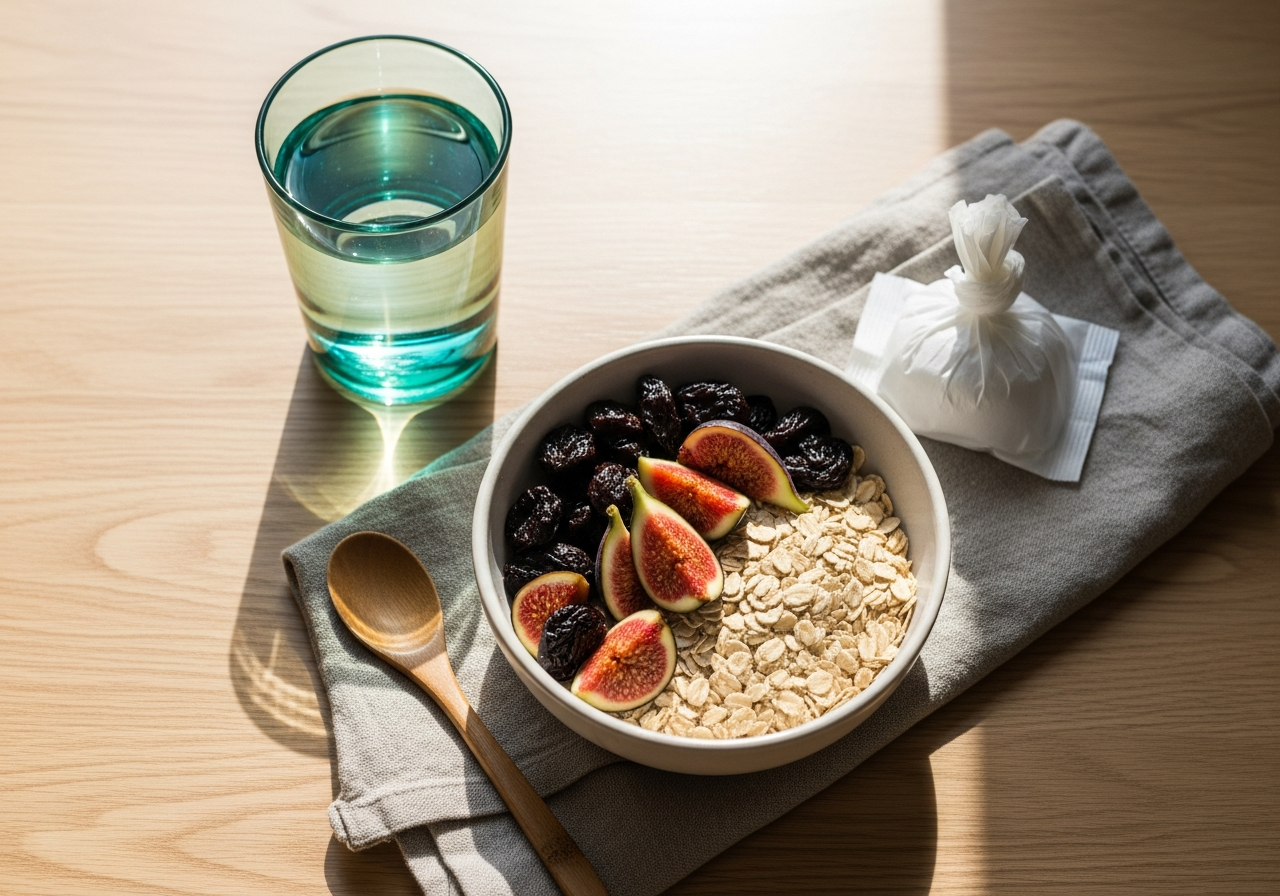 Verre d'eau, bol de flocons d'avoine avec pruneaux et figues, sachet de PEG sur une table de cuisine