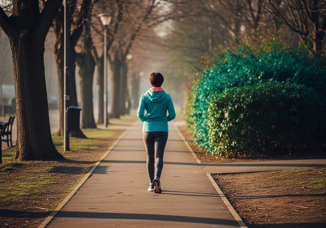 Adulte marchant le matin dans un parc pour stimuler le transit intestinal