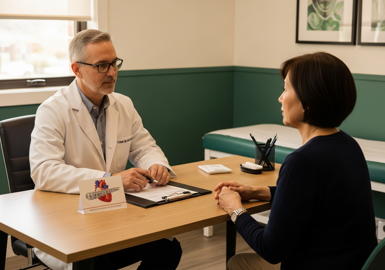 Cardiologue en consultation de suivi avec un patient après pose de stent, carte du stent posée sur le bureau et ordonnance en cours