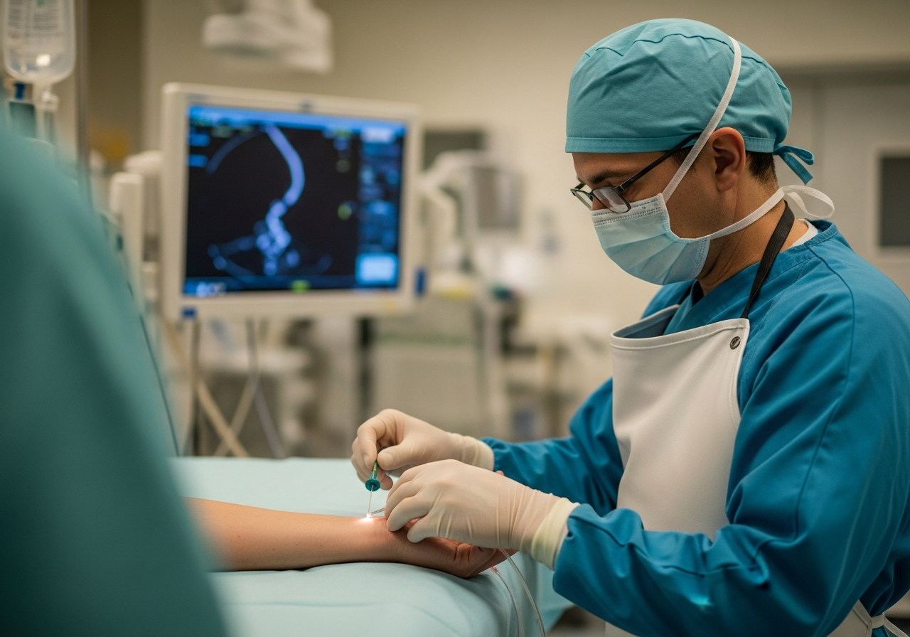 Cardiologue interventionnel en tenue stérile manipulant un cathéter dans une salle de coronarographie, écran angiographique en arrière-plan