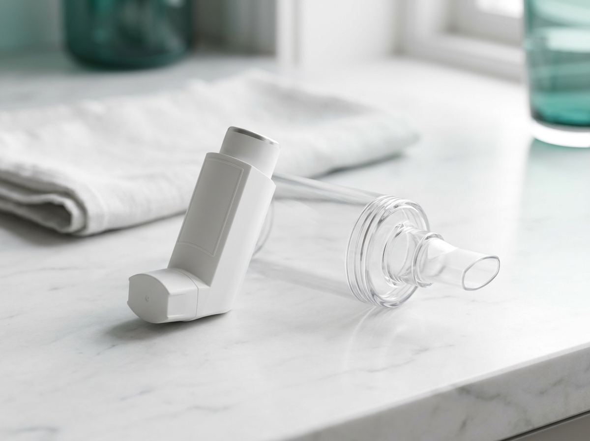 Gros plan d'un aérosol-doseur générique à capuchon blanc posé à côté d'une chambre d'inhalation transparente sur un plan de marbre clair