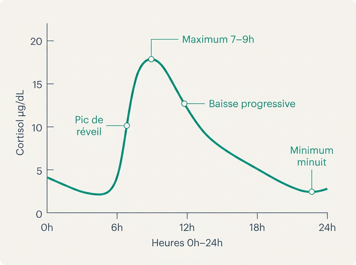 Schéma de la courbe circadienne du cortisol : pic matinal à 7-9h, baisse progressive, minimum à minuit