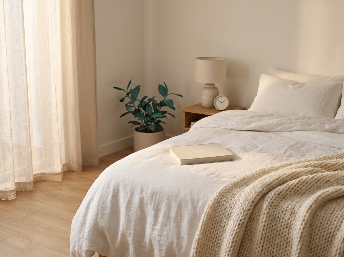 Chambre à coucher minimaliste avec lit défait, livre fermé sur la couette et lumière douce du petit matin filtrant par les rideaux