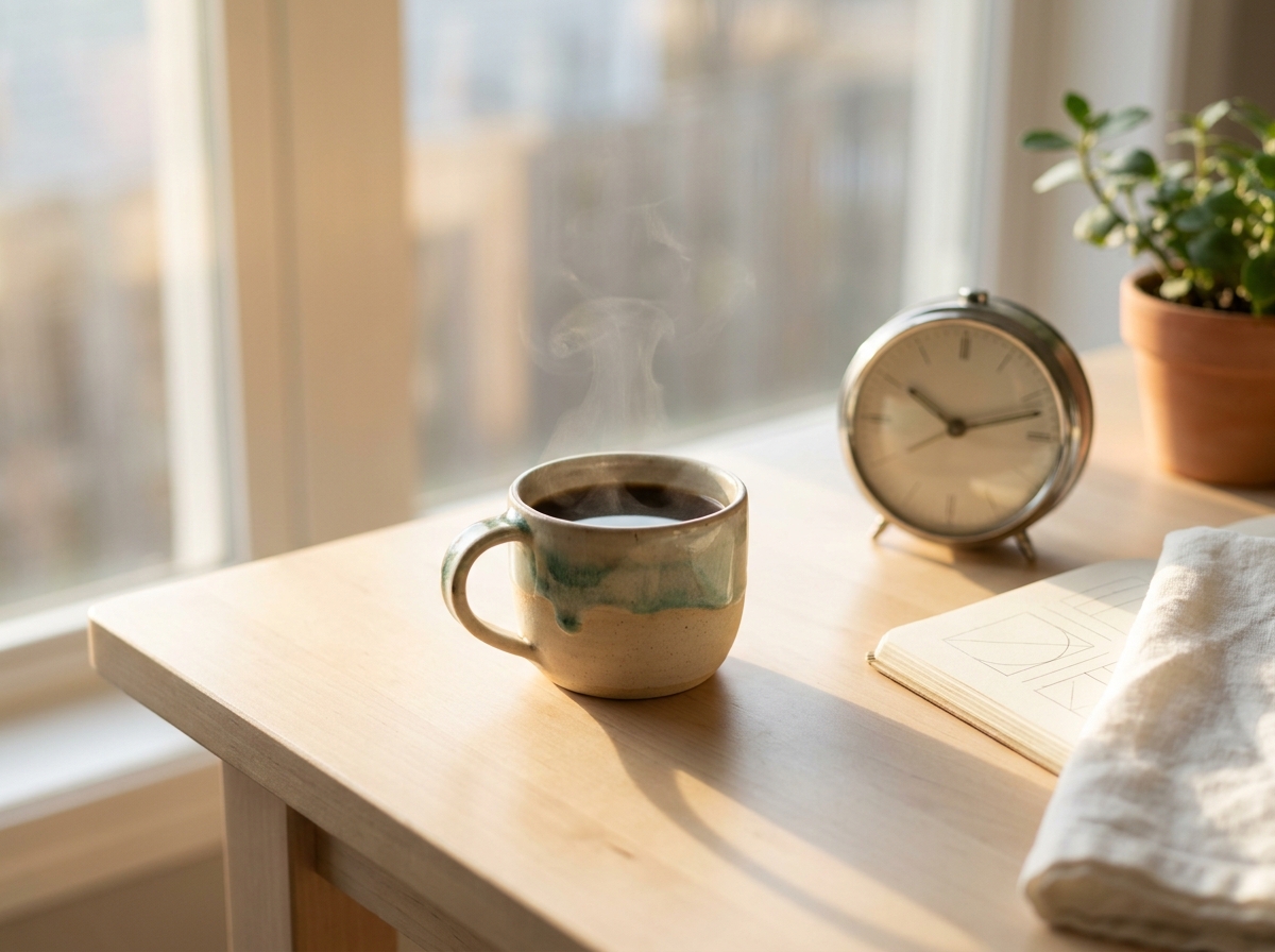 Tasse de café fumante posée sur une table en bois clair à côté d'un réveil analogique et d'un carnet ouvert, lumière dorée d'aube par la fenêtre