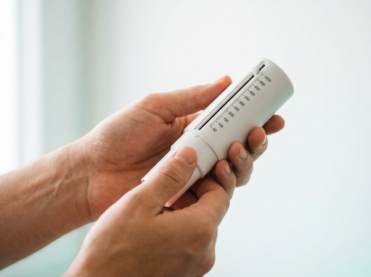 Gros plan sur des mains adultes tenant un débitmètre de pointe mécanique générique, vu de profil sur fond clair flou