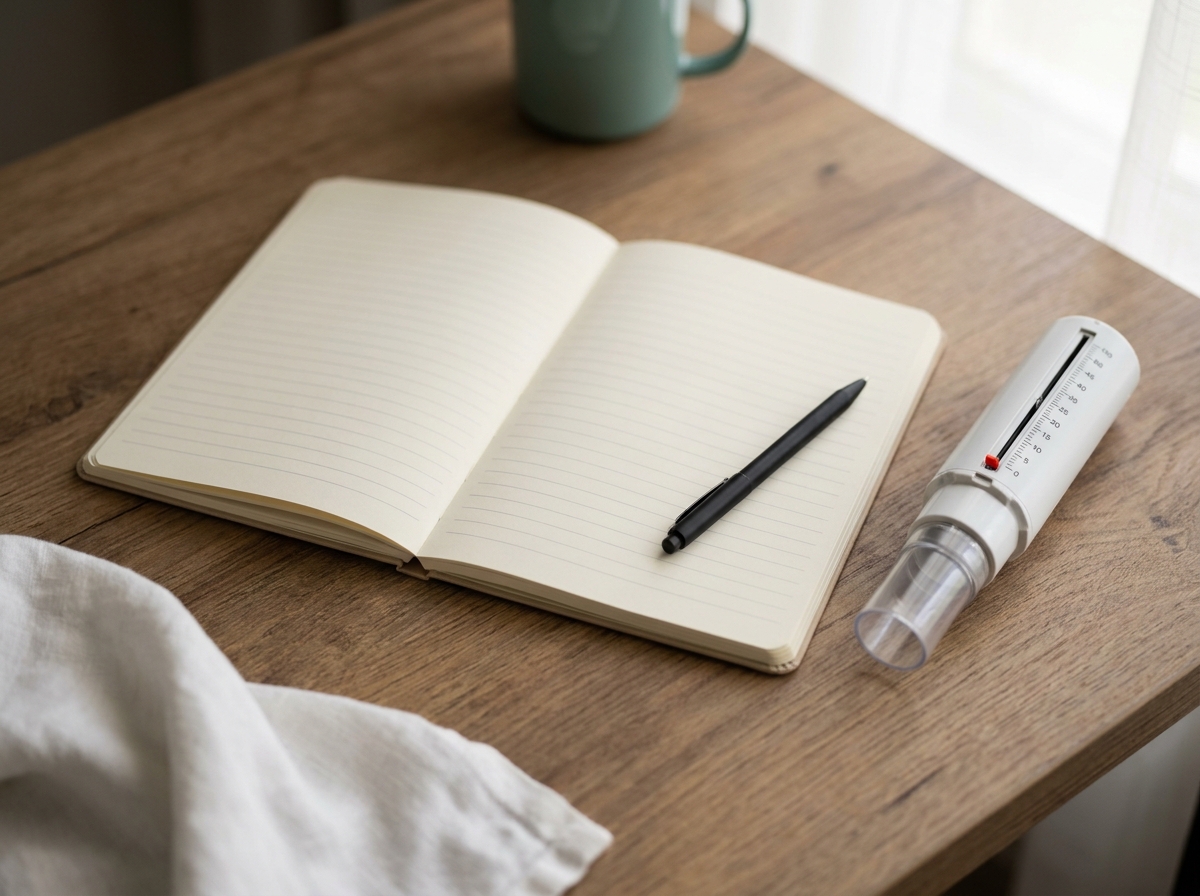 Journal d'asthme papier ouvert avec colonnes vierges pour les mesures, posé sur un bureau en bois clair à côté d'un débitmètre de pointe et d'un stylo