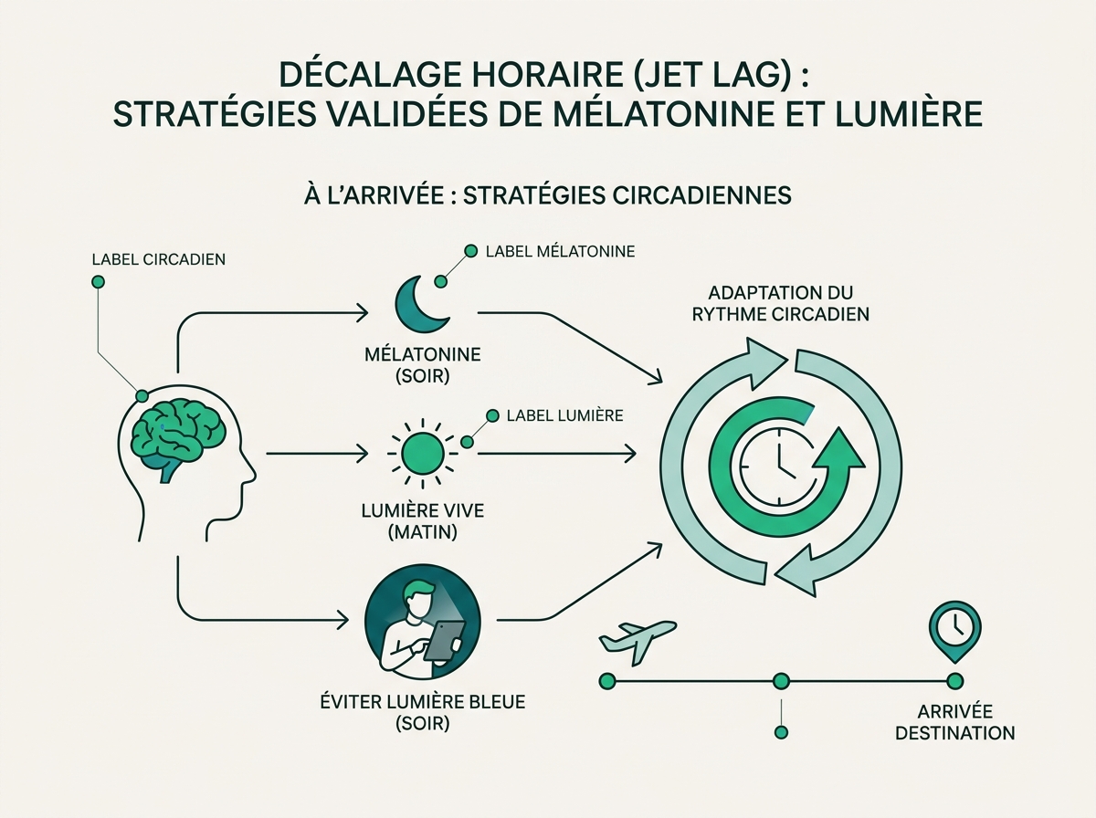 Schéma médical illustrant « À l'arrivée : stratégies circadiennes »