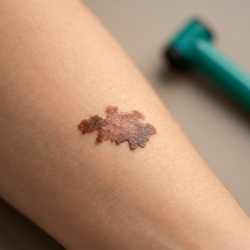 Macrophotographie clinique d'une lésion cutanée pigmentée aux bords irréguliers, encochés et mal délimités en aspect de carte de géographie, sur une peau d'avant-bras adulte de teint clair