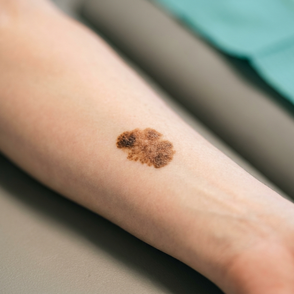 Macrophotographie clinique d'une lésion cutanée pigmentée d'un diamètre supérieur à six millimètres, comparable au bout d'une gomme de crayon, sur une peau d'avant-bras adulte de teint clair