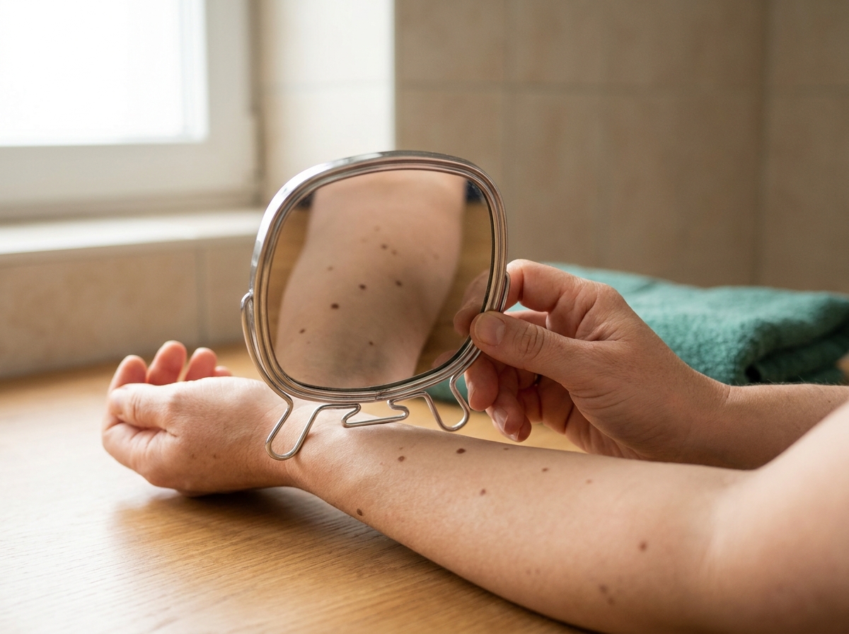 Main adulte observant un grain de beauté sur l'avant-bras devant un miroir de salle de bain, lumière naturelle