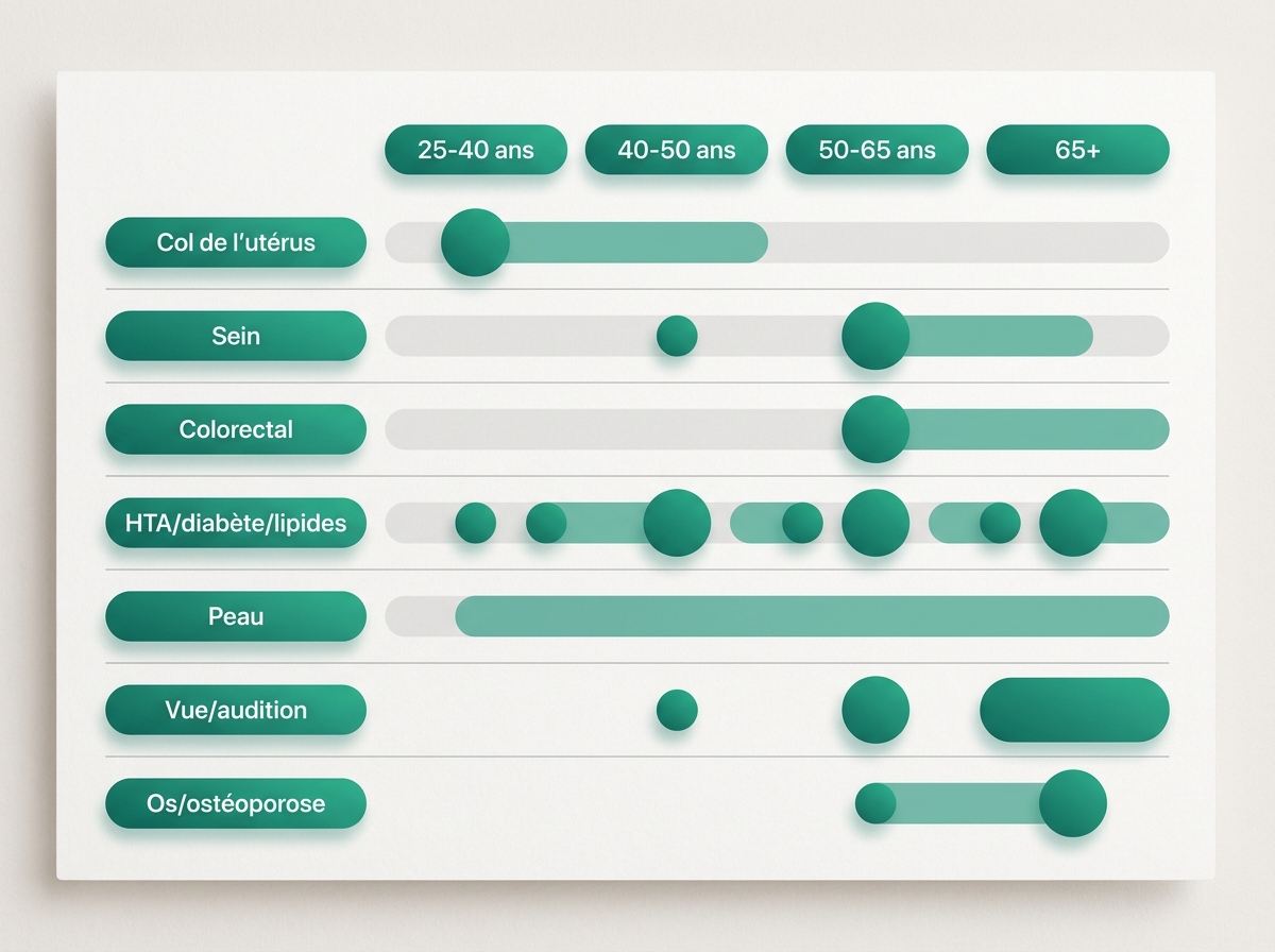 Tableau synthétique des dépistages recommandés par tranche d'âge chez l'adulte