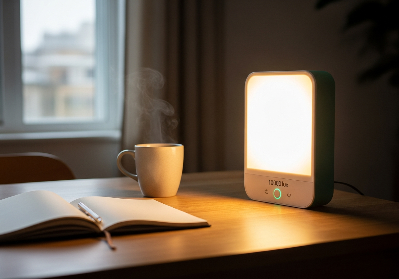 Lampe de luminothérapie allumée sur un bureau le matin, tasse de café à côté, ambiance hivernale douce