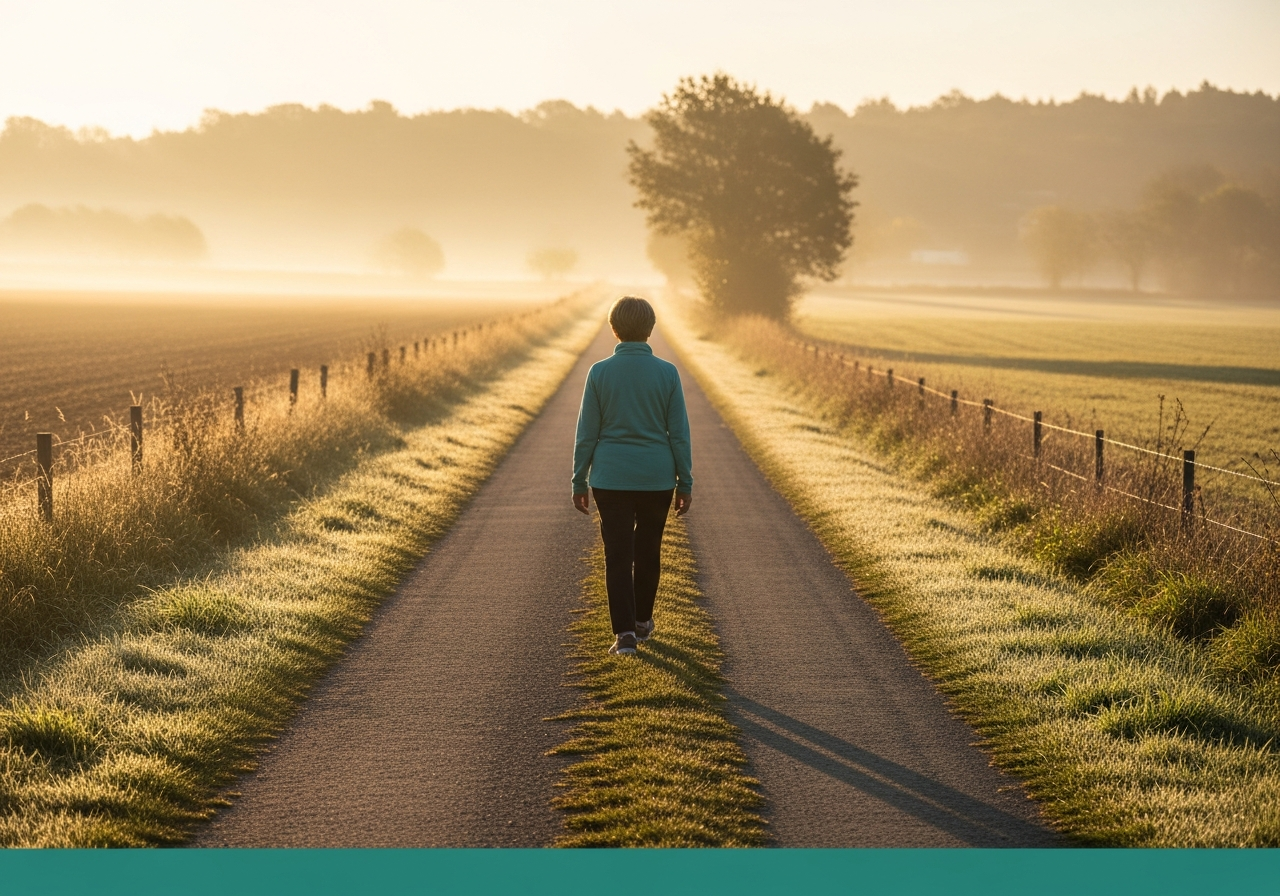 Adulte marchant seul sur un chemin ensoleillé au petit matin, ambiance de reprise progressive d'activité