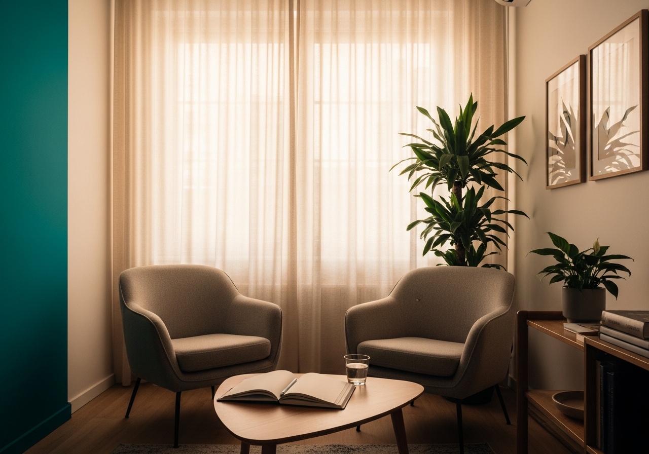 Cabinet de psychologue avec deux fauteuils face à face, carnet ouvert, lumière douce et chaleureuse évoquant une séance de TCC