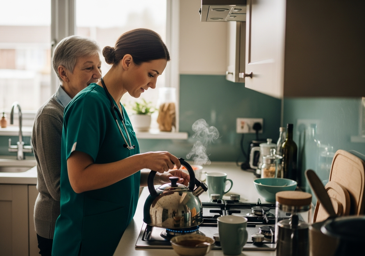 Aide-soignante préparant un thé avec une personne âgée dans sa cuisine, scène chaleureuse d'accompagnement à domicile