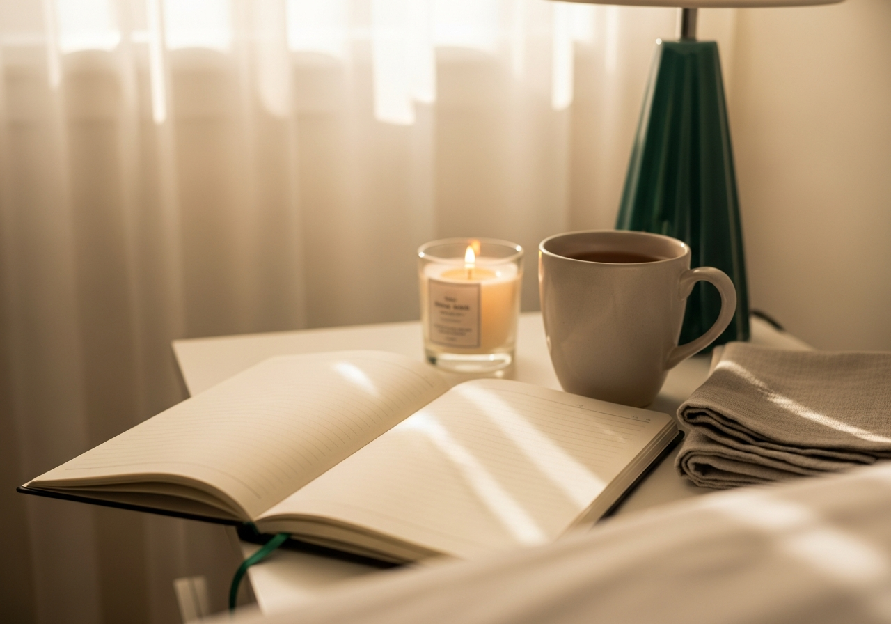 Table de chevet lumineuse avec un carnet de notes ouvert et une tasse, ambiance apaisante post-accouchement
