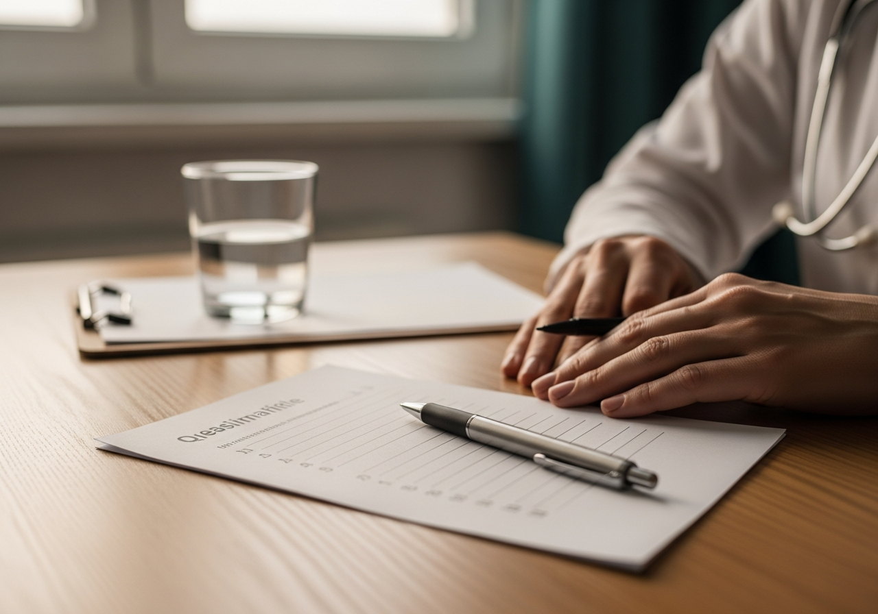 Feuille de questionnaire EPDS posée sur un bureau de consultation avec un stylo, lumière douce de fin d'après-midi