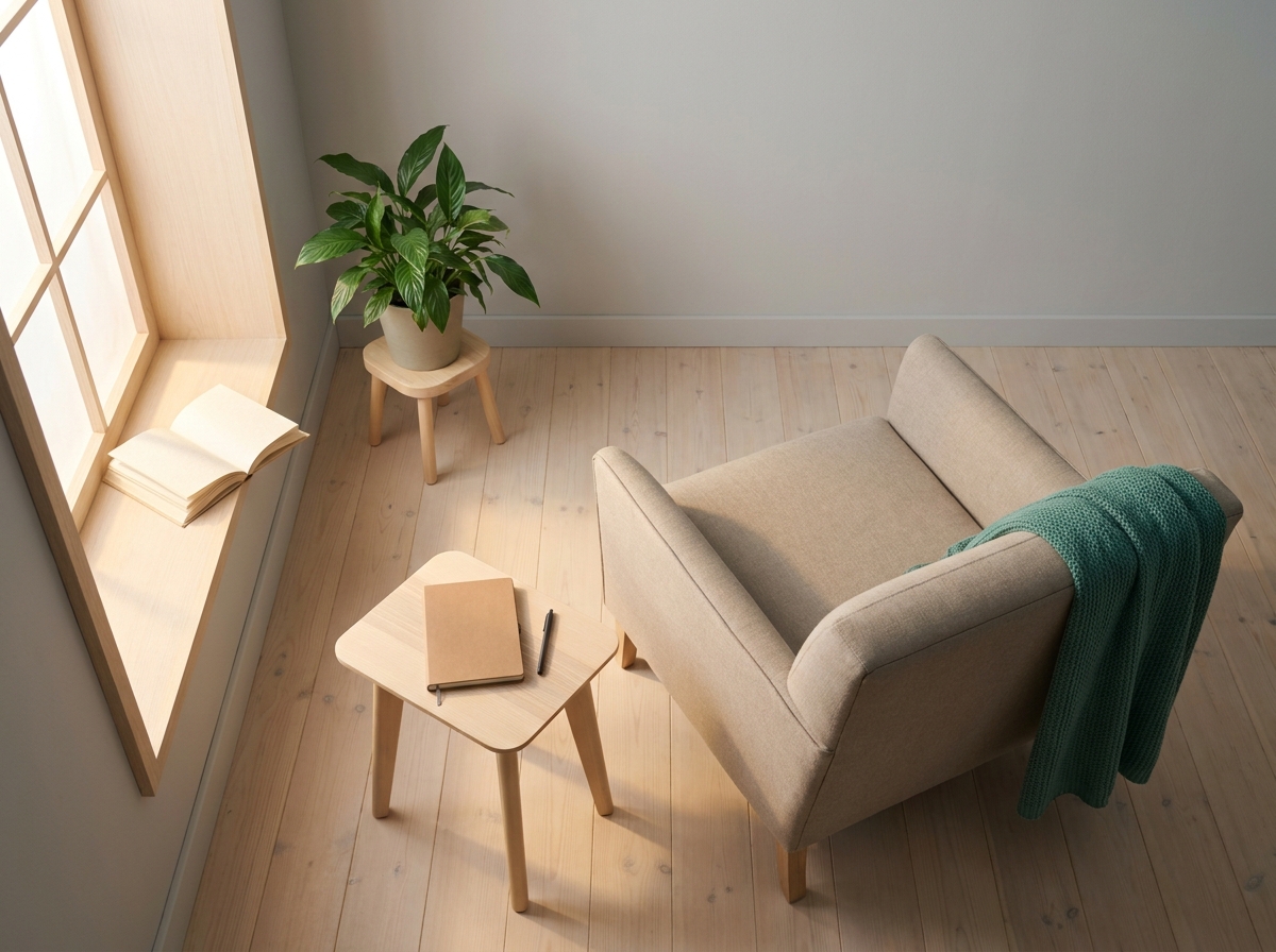 Vue en plongée d'un cabinet de psychiatre : un fauteuil de consultation neutre, une petite table basse avec carnet et stylo, un livre ouvert posé, une plante verte près de la fenêtre, lumière naturelle douce