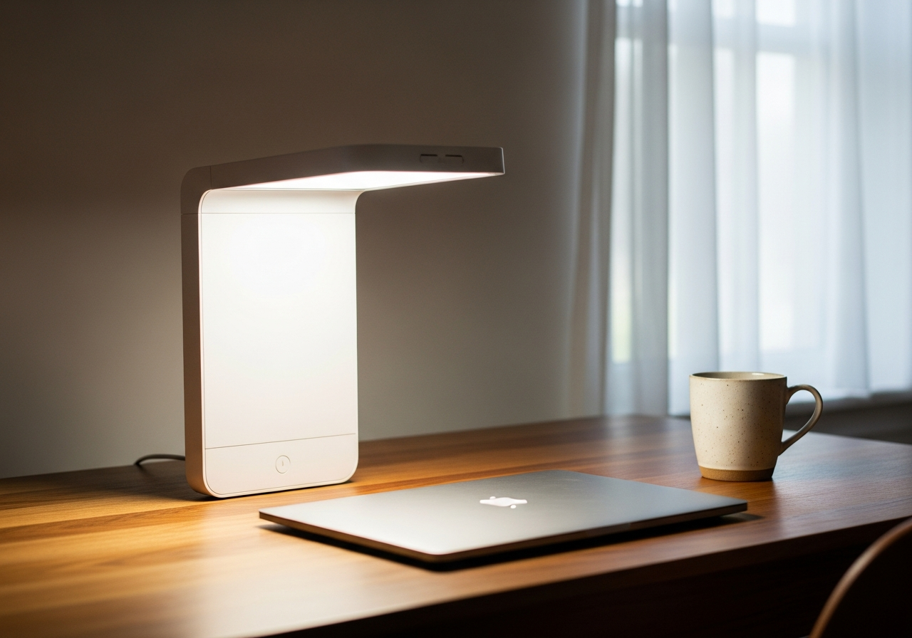Lampe de luminothérapie blanche allumée sur un bureau en bois clair, face à un ordinateur portable fermé, tasse de thé