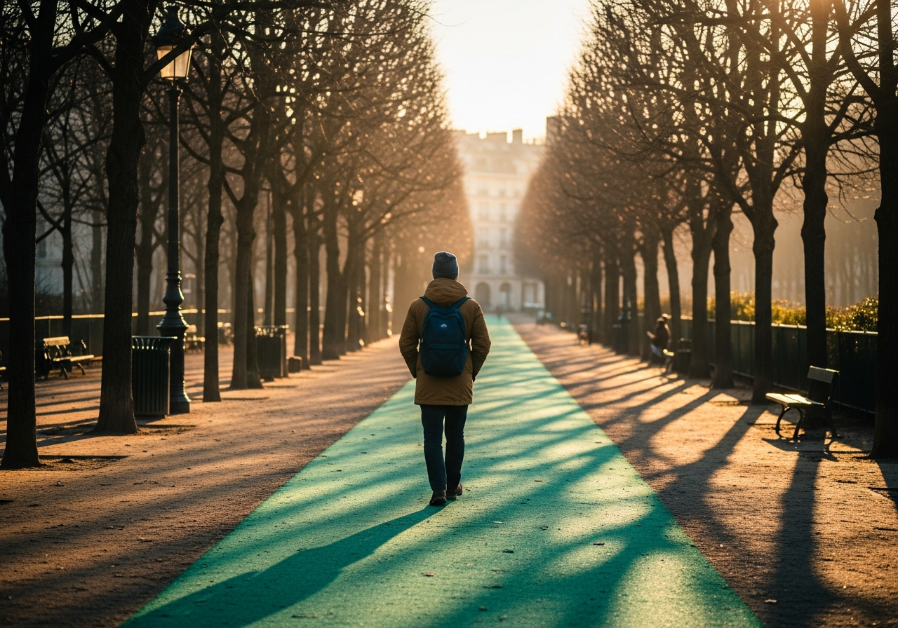 Adulte marchant dans un parc urbain sous une lumière matinale d'hiver, silhouette vue de dos, ombres longues