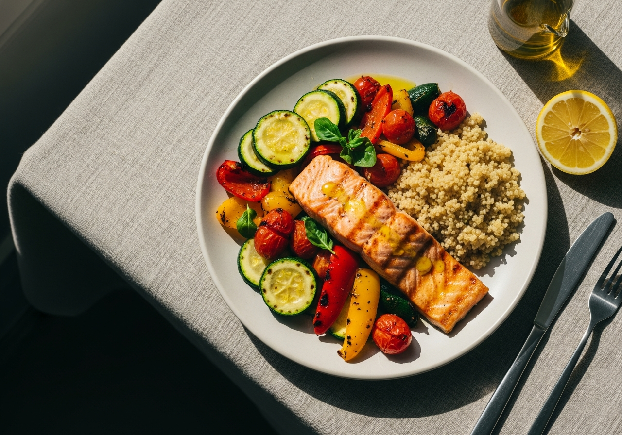 Assiette méditerranéenne colorée avec légumes grillés, poisson, quinoa et huile d'olive posée sur une nappe en lin