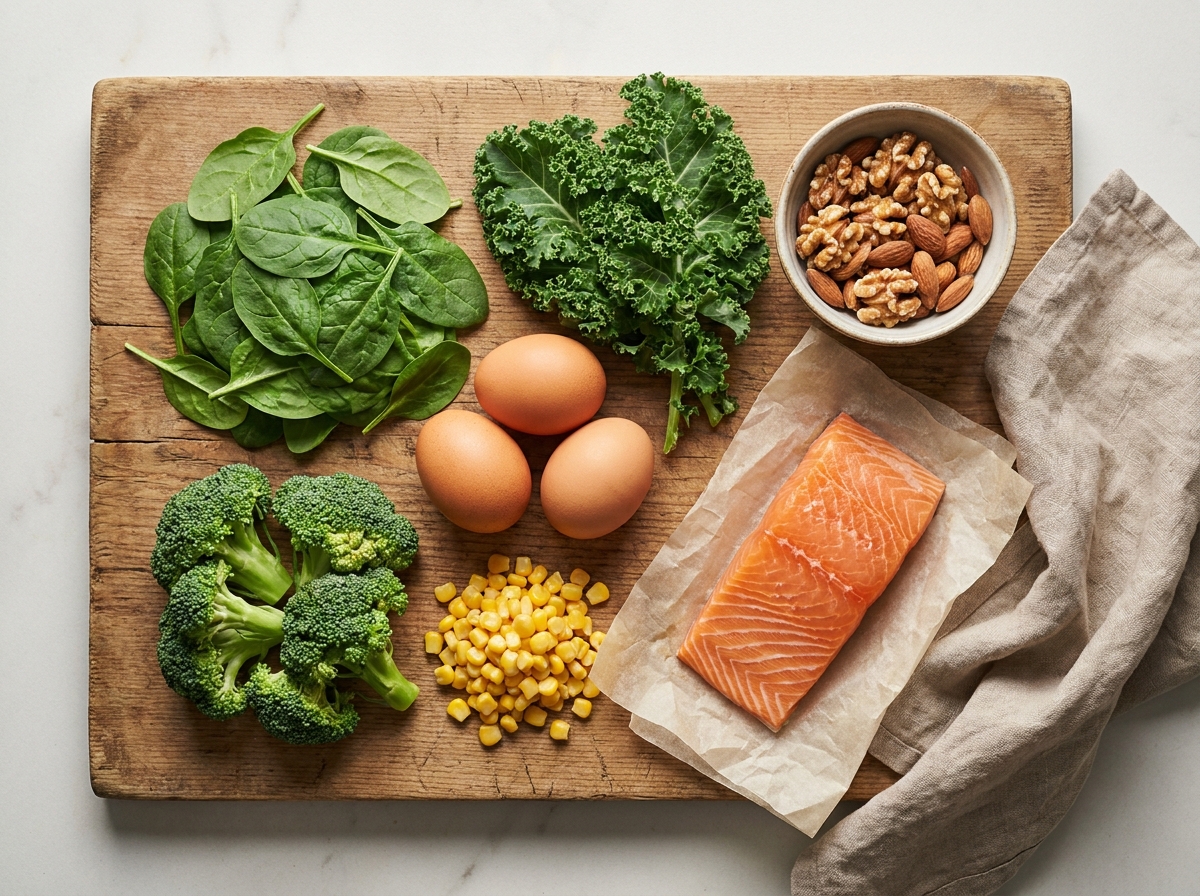 Planche de légumes verts feuillus (épinards, kale, brocoli) avec œufs, maïs et poisson gras, riches en lutéine et zéaxanthine protectrices de la macula