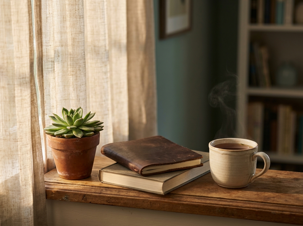 Vue still-life d'un rebord de fenêtre intérieur en fin de journée avec une plante verte en pot terre cuite, un carnet relié en cuir fermé posé sur un livre, une tasse de tisane fumante, lumière dorée chaude de fin d'après-midi en contre-jour à travers les rideaux, atmosphère apaisée et contemplative