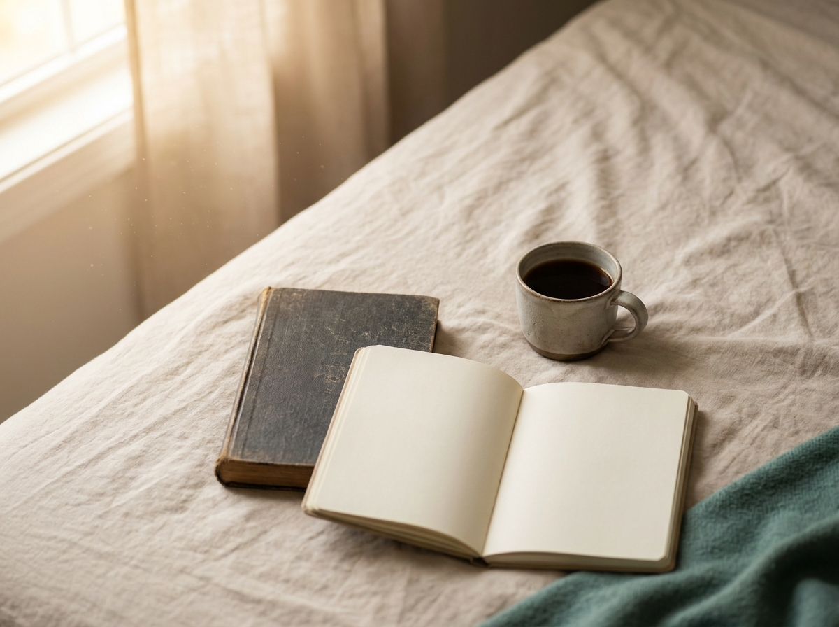 Vue still-life d'un coin lit avec un drap de coton beige légèrement froissé, un livre fermé posé à côté d'un journal intime ouvert mais vide, une tasse de café froid à moitié pleine, lumière dorée matinale entrant par une fenêtre en arrière-plan flou, atmosphère contemplative d'un réveil difficile