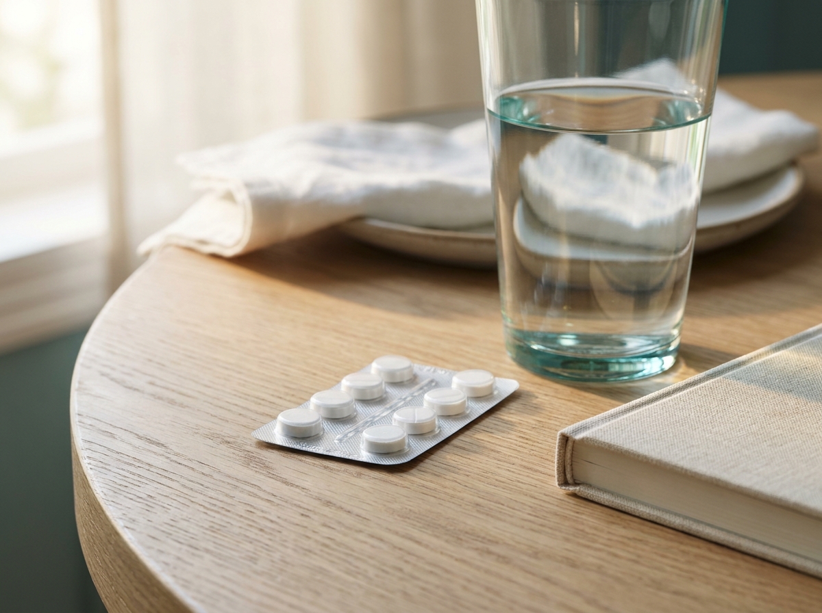 Vue rapprochée d'une plaquette de comprimés anticoagulants génériques posée à côté d'un verre d'eau et d'un carnet de suivi fermé sur une table en bois clair, lumière naturelle douce du matin