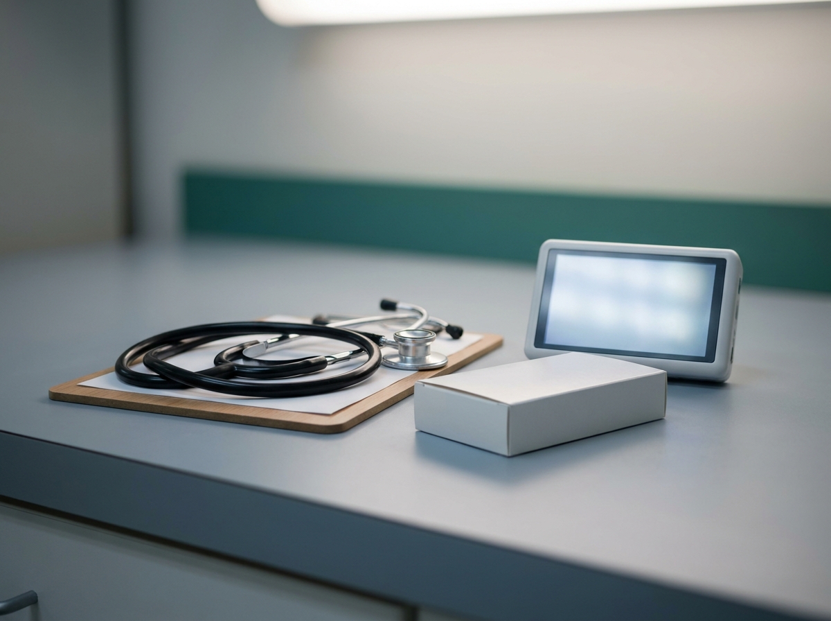 Vue rapprochée d'une station de soins d'urgence avec écran de monitoring, stéthoscope posé sur un plan de travail, lumière artificielle douce, aucune personne visible