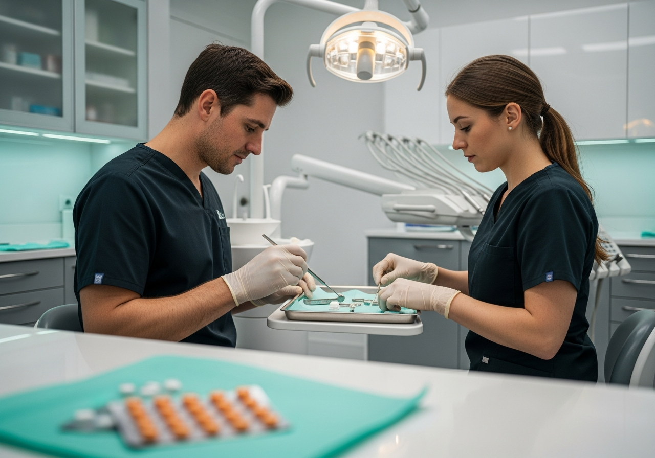 Dentiste et assistante préparant un plateau stérile pour un soin dentaire avec boîte d'amoxicilline à proximité pour antibioprophylaxie