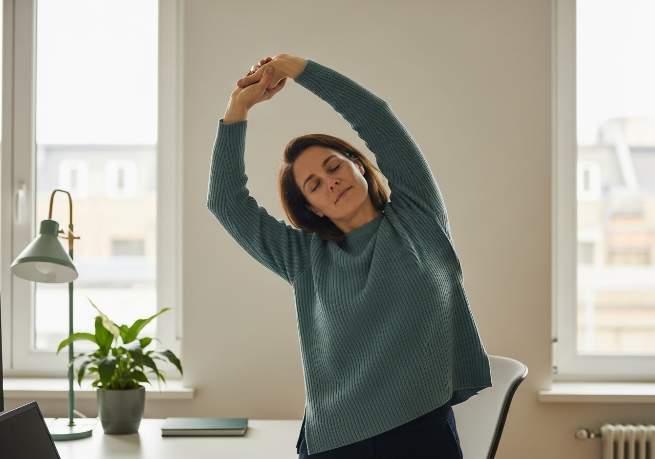 Salariée debout à côté de son bureau réalisant un étirement des épaules et du cou pendant une pause active au travail