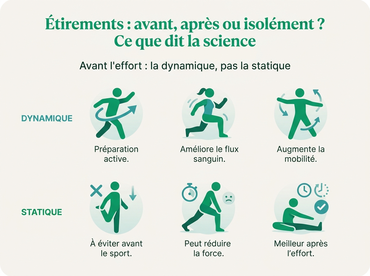 Infographie illustrant les points clés de la section « Avant l'effort : la dynamique, pas la statique »