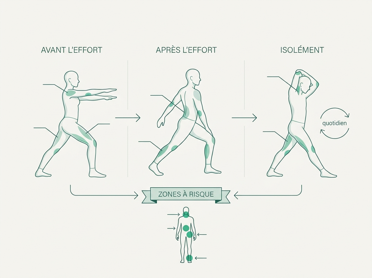 Schéma médical illustrant « Étirements au quotidien : cibler les zones à risque »