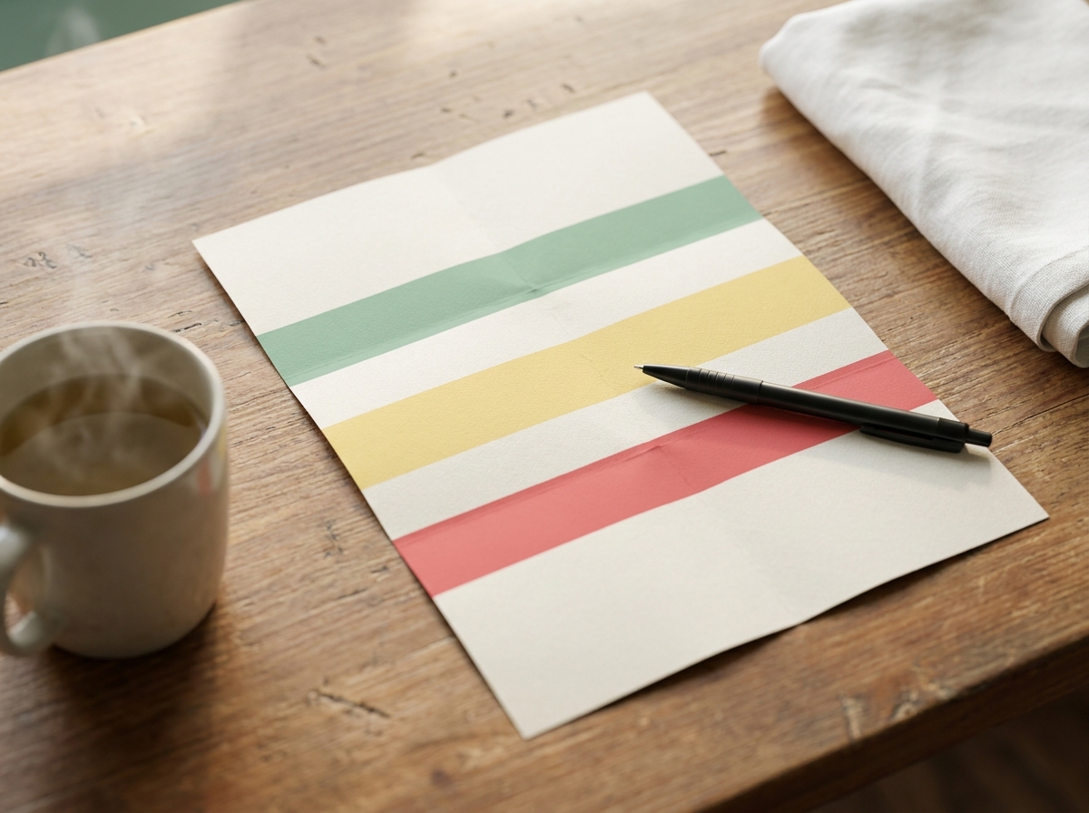 Feuille papier avec colonnes vierges suggérant un plan d'action BPCO, posée sur un bureau en bois à côté d'un stylo et d'une tasse de tisane