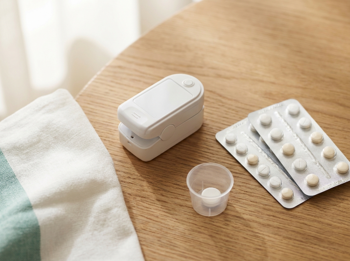 Oxymètre de pouls générique posé à côté de blisters d'antibiotiques anonymes, d'un comprimé de cortisone et d'un verre d'eau sur un bureau en bois clair