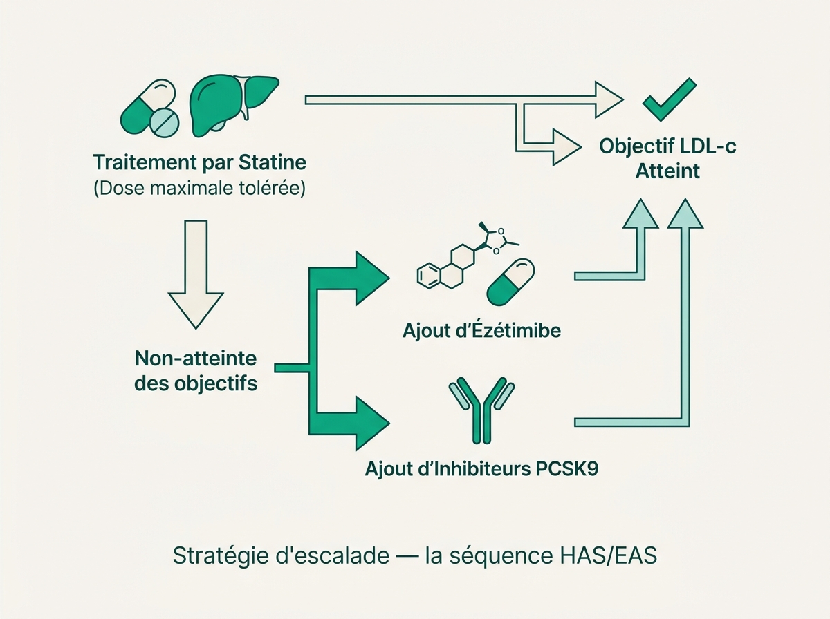 Schéma médical illustrant « Stratégie d'escalade — la séquence HAS/EAS »