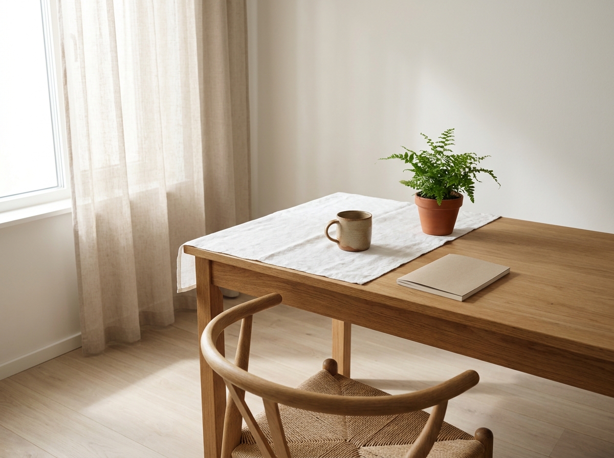 Espace bureau ergonomique vu de dessus avec une chaise vide, un plan de travail propre et une fenêtre lumineuse perpendiculaire au plan