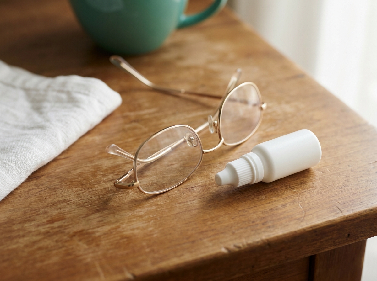Gros plan sur des lunettes de lecture posées à côté d'un flacon générique de gouttes oculaires sans étiquette sur un bureau en bois clair