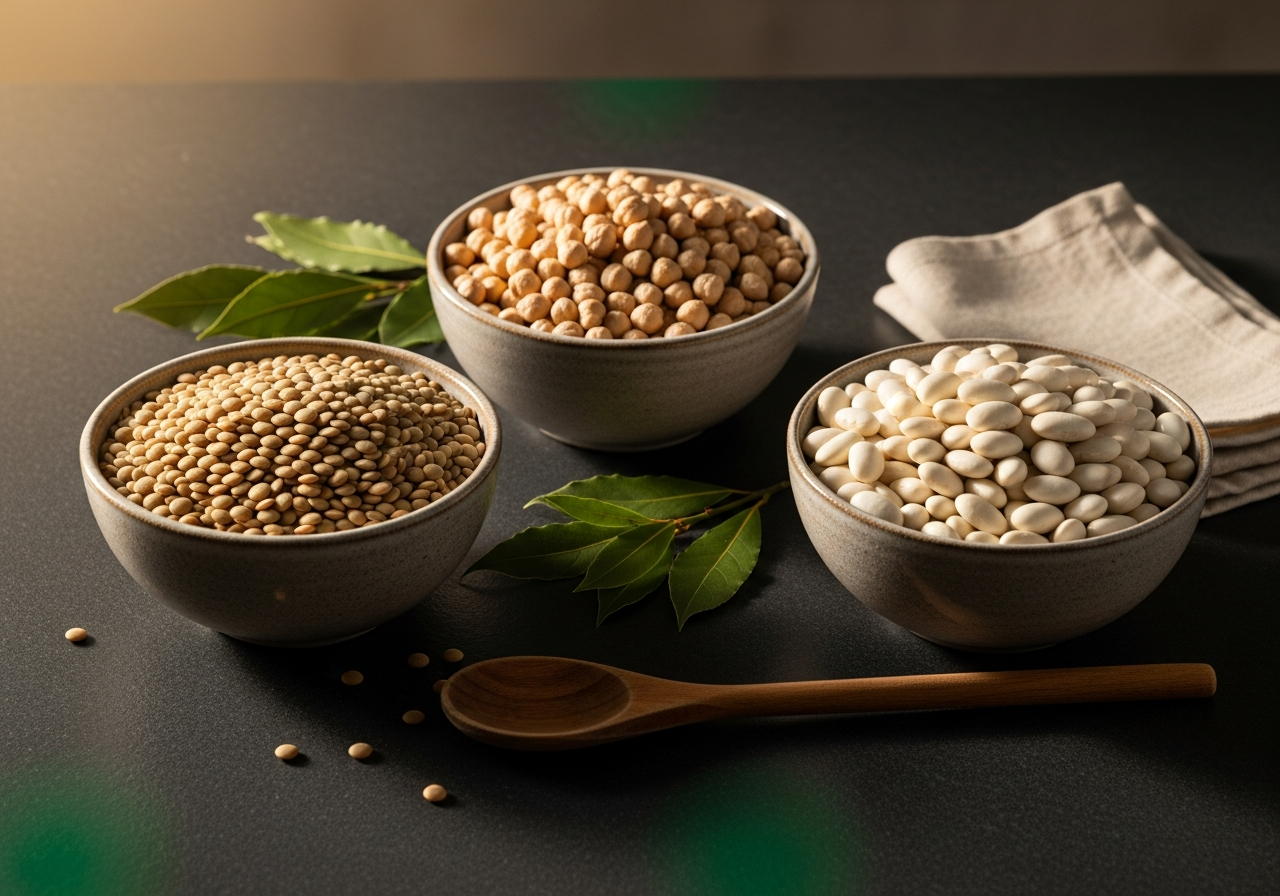 Trois bols de légumineuses — lentilles vertes, pois chiches et haricots blancs — posés sur un plan de travail en ardoise